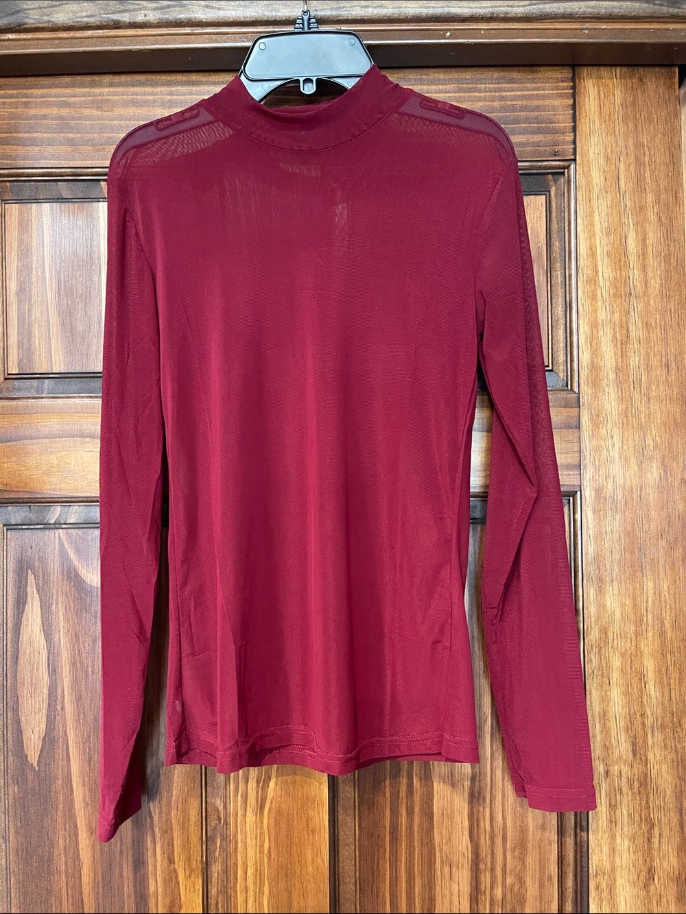 Sheer Long Sleeve Burgundy Mock Neck Top small